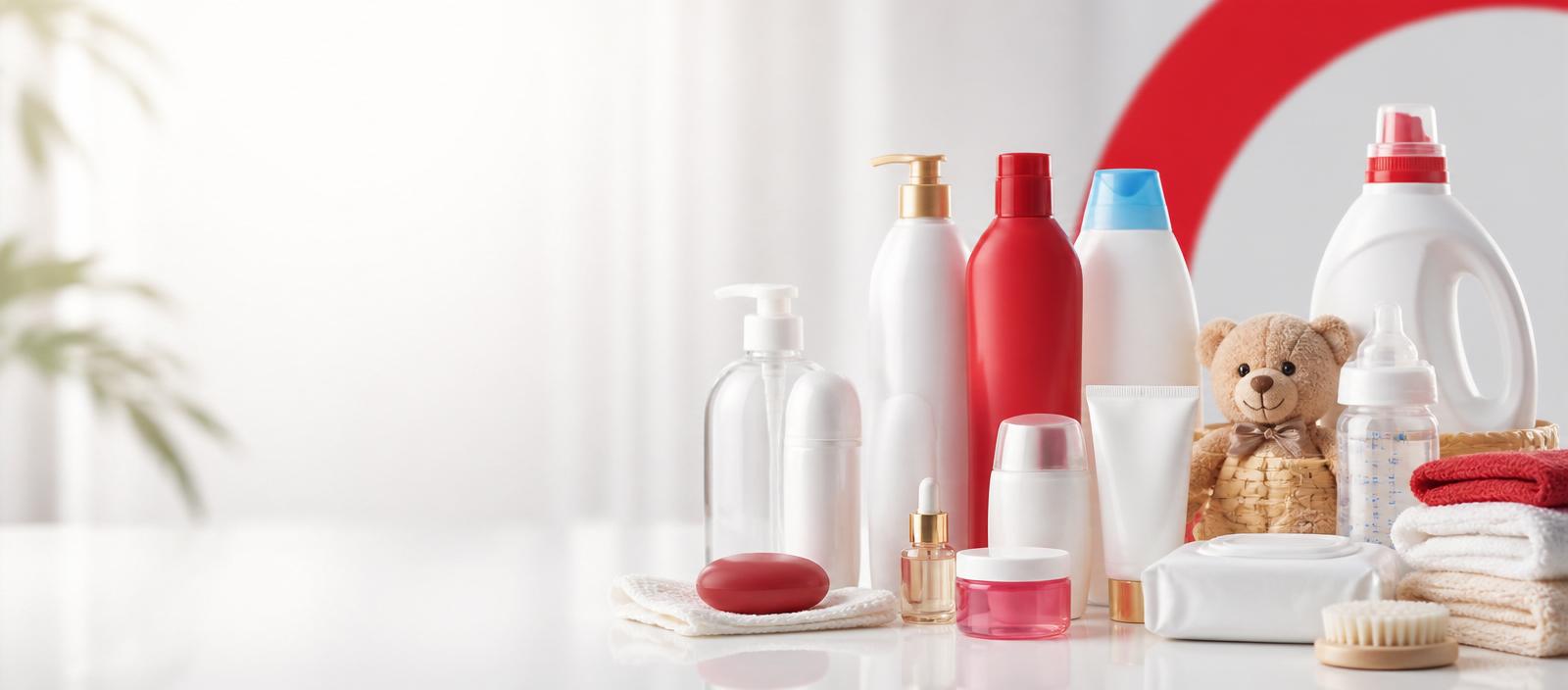 Personal care, baby care and skincare products on a white surface