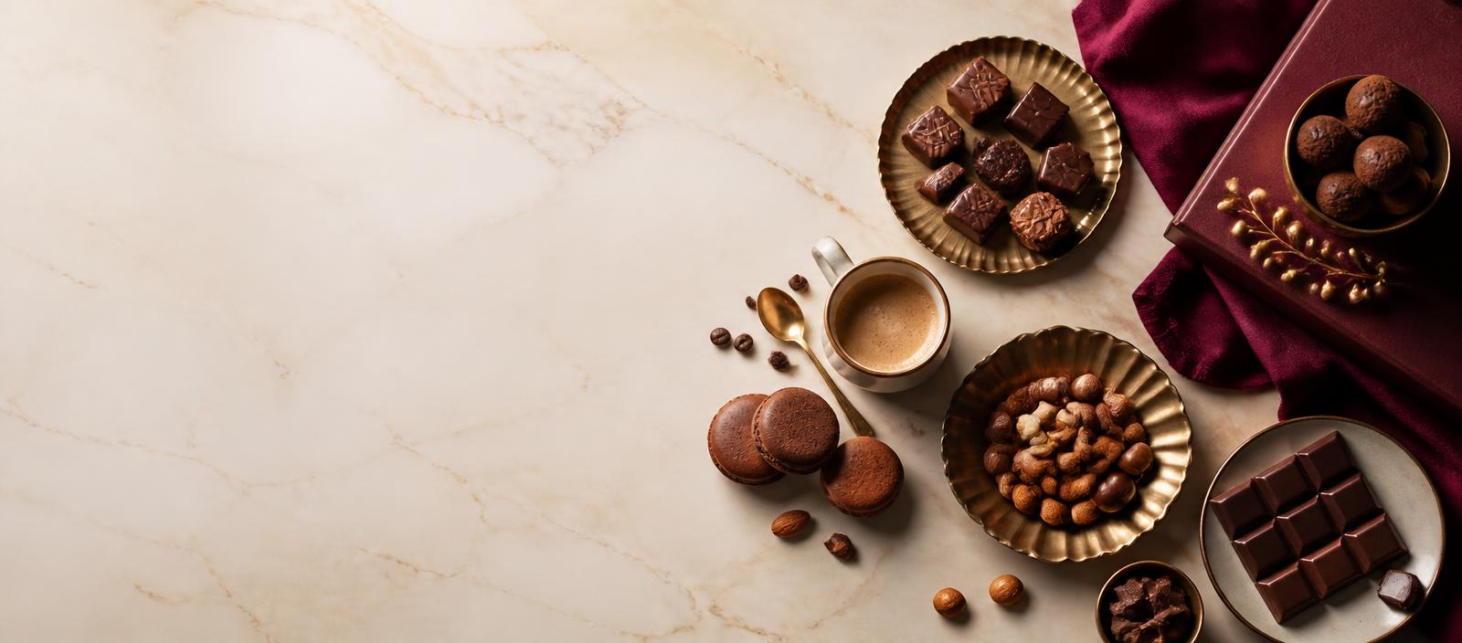 Chocolates, nuts and coffee arranged on marble